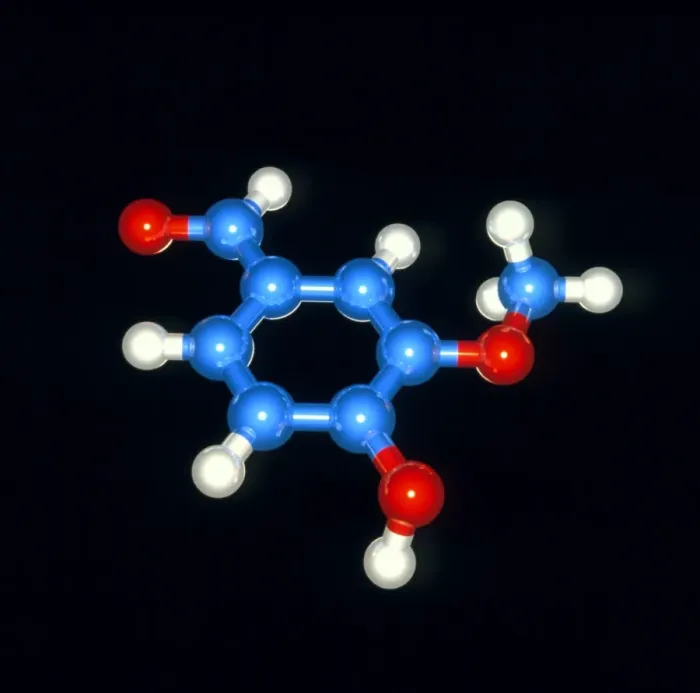 Framed Print : Computer model of vanillin molecule print Framed Print : Computer model of vanillin molecule print