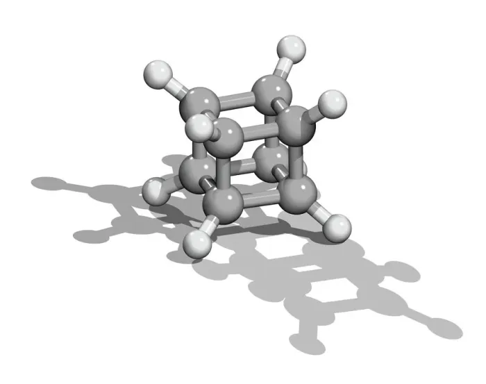 Framed Print : Computer model of a cubane molecule as a colour-coded 3D print