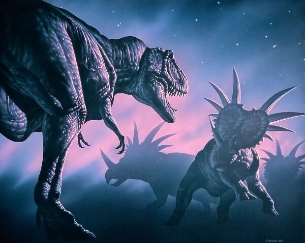 Daspletosaurus attacking styracosaurs