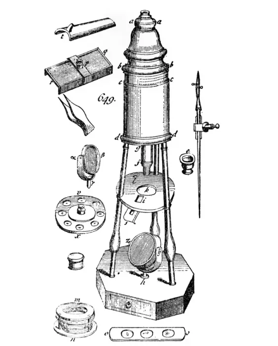 Framed Print : Engraving Print of a Culpeper-style microscope with three-column support Framed Print : Engraving Print of a Culpeper-style microscope with three-column support