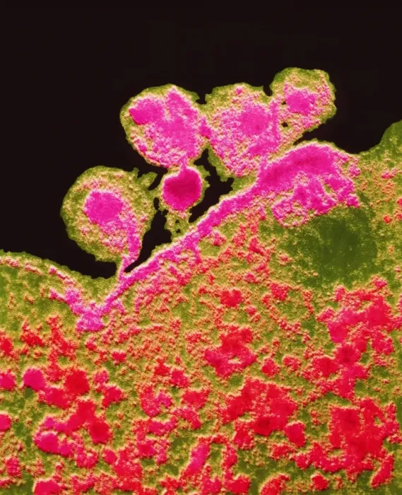 Framed Print : False-colour TEM of budding AIDS viruses, 6x7cm print Framed Print : False-colour TEM of budding AIDS viruses, 6x7cm print