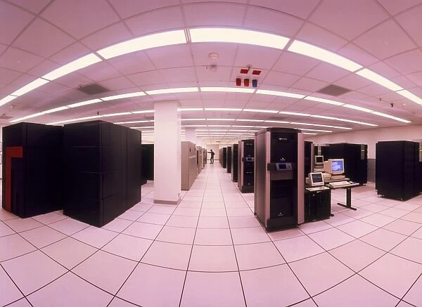 Fish-eye lens view of NERSCs main computing room