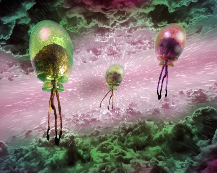 Framed Print : Flying Aliens Print: Computer artwork of floating life forms Framed Print : Flying Aliens Print: Computer artwork of floating life forms