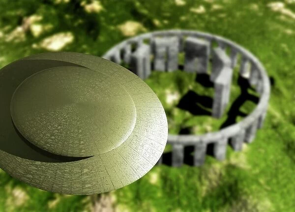 Flying saucer over Stonehenge, artwork