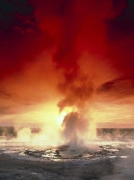 Geyser steaming at sunset, Yellowstone Park