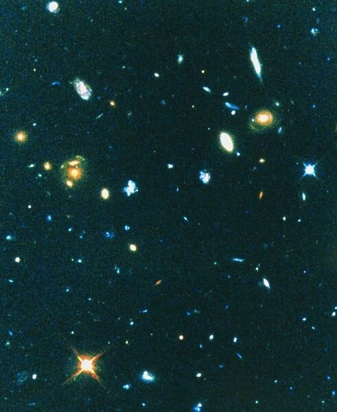 Hubble image of distant irregular blue galaxies