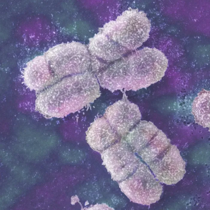Framed Print : SEM Human Chromosomes Print, coloured scanning election micrograph Framed Print : SEM Human Chromosomes Print, coloured scanning election micrograph