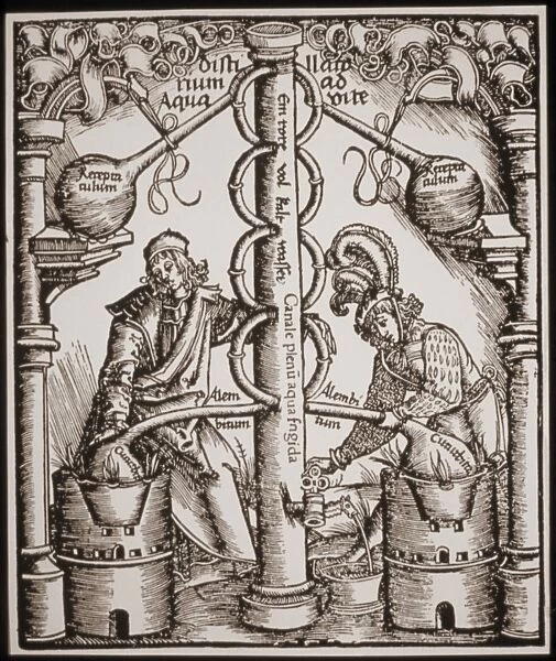 Illustration of 16th Century alcohol distillation