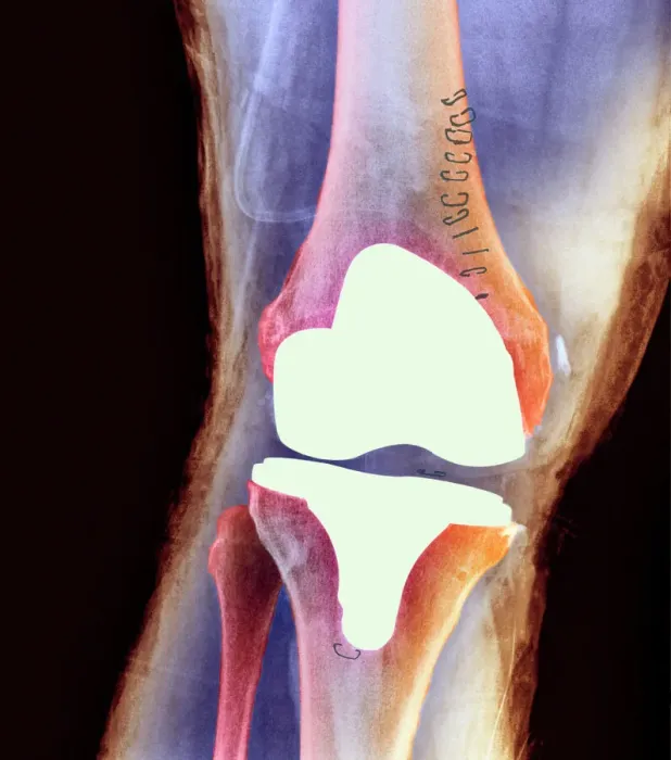 Framed Print : Colour X-ray Print of Knee Joint Prosthesis Framed Print : Colour X-ray Print of Knee Joint Prosthesis