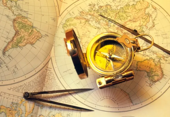 Framed Print : Magnetic compass on a 19th century map Print Framed Print : Magnetic compass on a 19th century map Print