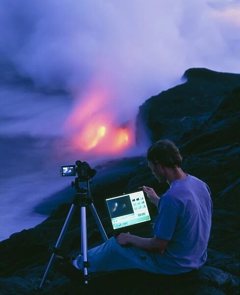 Man taking photographs of a lava flow