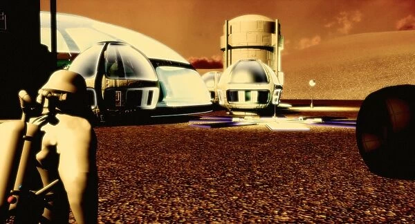 Mars base. Computer artwork of an astronaut at a base on Mars