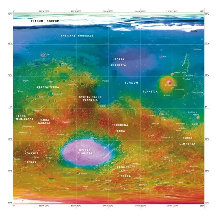 Framed Print : Mars Topographical Map Print Framed Print : Mars Topographical Map Print