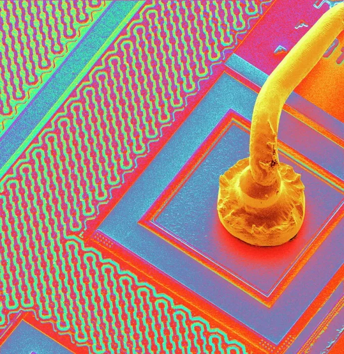 Framed Print : SEM Micro-wire Connecting to a Gold-Coated Microchip Print
