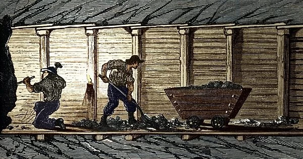 Miners in a timbered tunnel