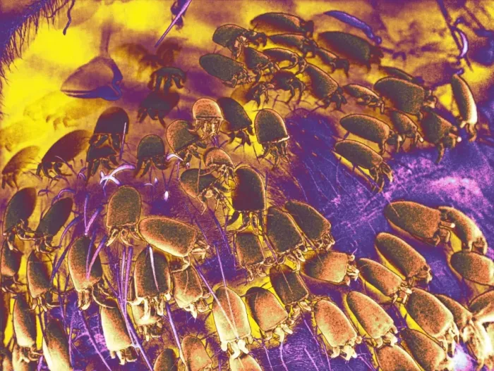 Framed Print : Mites on a honeybee Print, SEM image Framed Print : Mites on a honeybee Print, SEM image