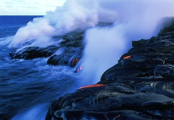 Molten lava flowing into the ocean