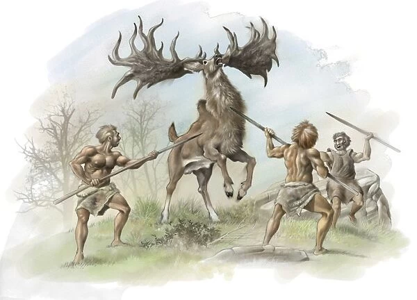 Neanderthals hunting Irish elk, artwork