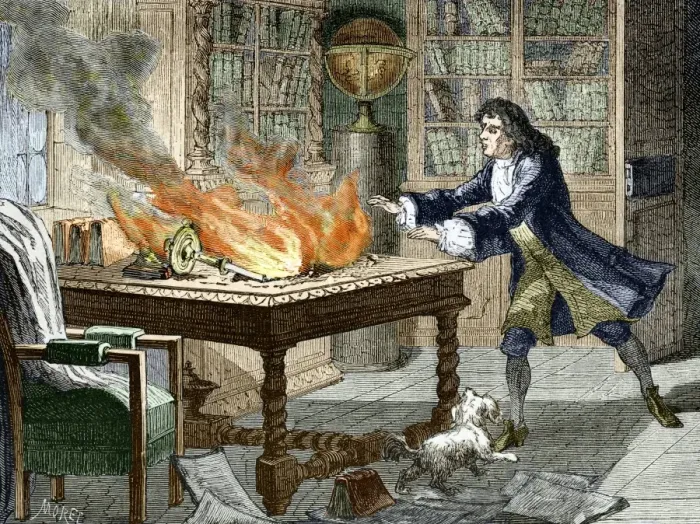 Framed Print : Newton's Opticks notes in flames, a print Framed Print : Newton's Opticks notes in flames, a print