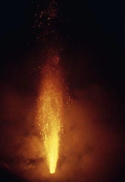 Night view of Stromboli volcano erupting