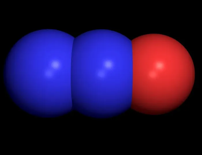 Framed Print : Computer model of a nitrous oxide molecule, print Framed Print : Computer model of a nitrous oxide molecule, print
