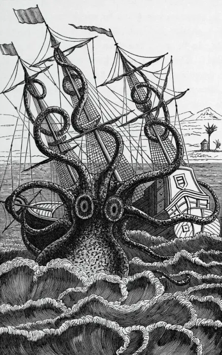 Framed Print : Octopus attacking a ship Print Framed Print : Octopus attacking a ship Print