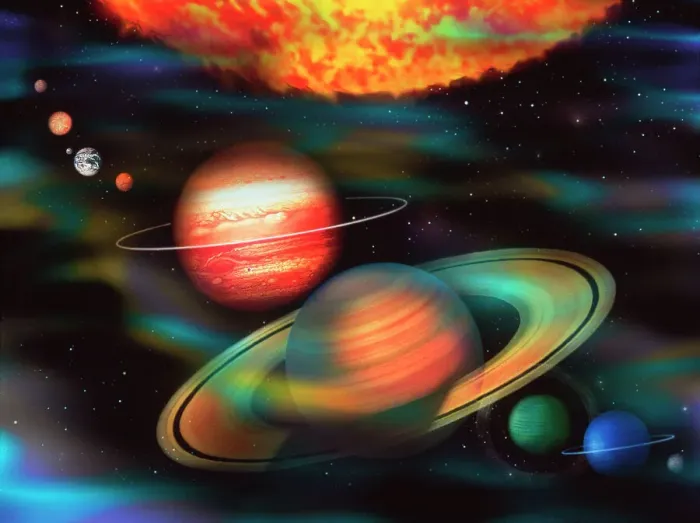 Framed Print : Solar System Print: Computer artwork of the Sun and planets Framed Print : Solar System Print: Computer artwork of the Sun and planets