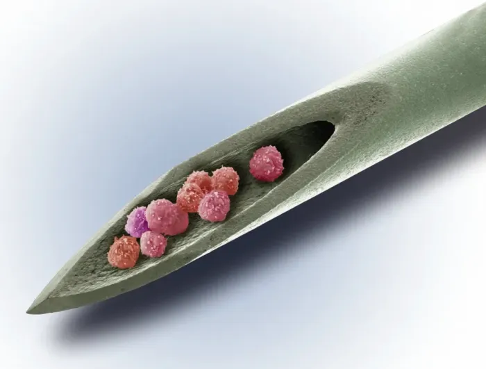Framed Print : Stem Cell Therapy Print, SEM Image of Needle with Stem Cells Framed Print : Stem Cell Therapy Print, SEM Image of Needle with Stem Cells