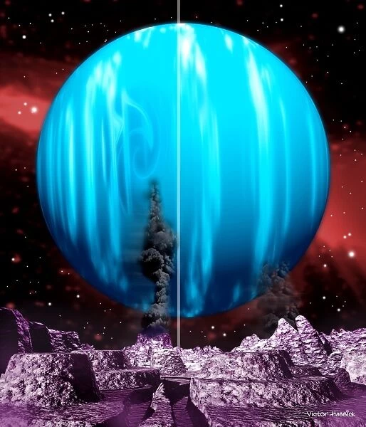 Triton and Neptune. Computer artwork of a geyser (black) erupting