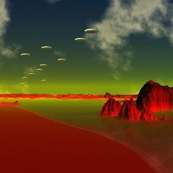 UFOs over an alien planet, artwork F005  /  0138