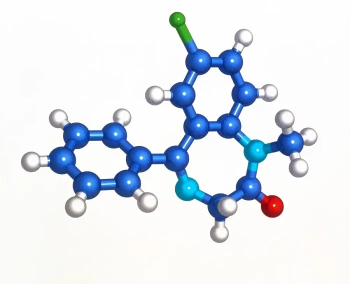 Framed Print : Computer graphic print of a Diazepam molecule in various colours Framed Print : Computer graphic print of a Diazepam molecule in various colours