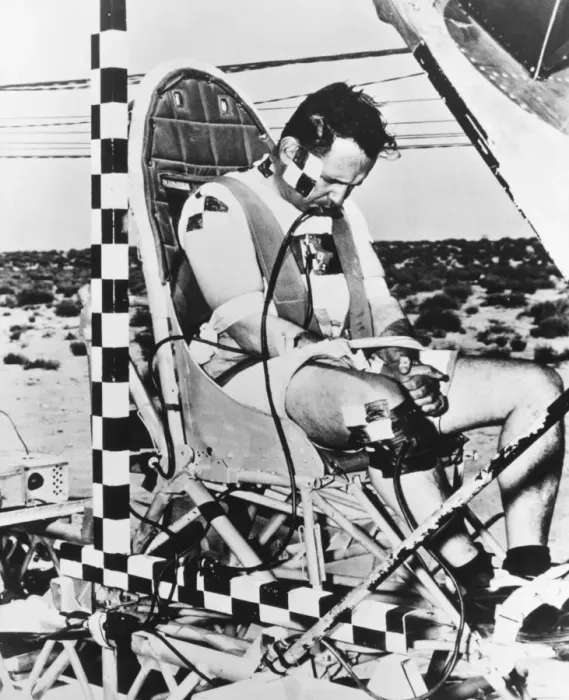 Framed Print : View of John Stapp in G-force Testing Sled Framed Print : View of John Stapp in G-force Testing Sled