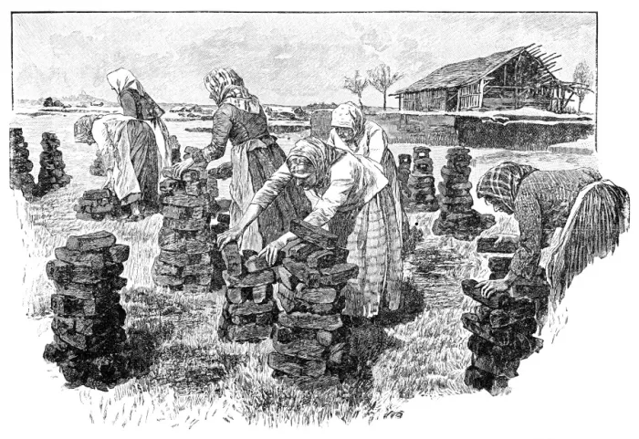 Framed Print : Workers drying peat print Framed Print : Workers drying peat print