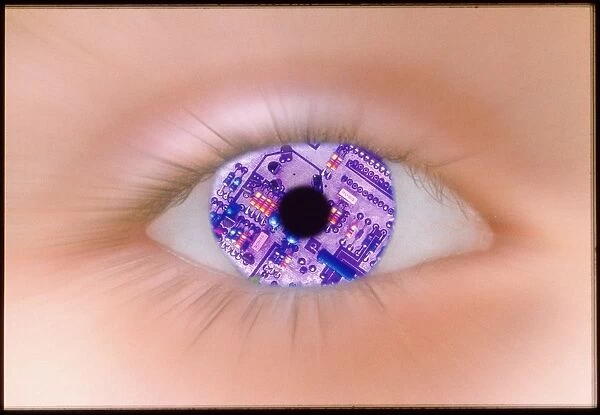 Zoom effect of eye with circuit board in iris