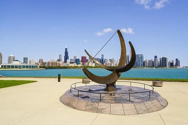 The Adler Planetarium sundial with Lake Michigan and city skyline beyond, Chicago