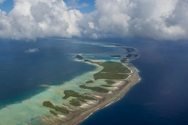 Aerial of the blue lagoon in Rangiroa, Tuamotus, French Polynesia, Pacific
