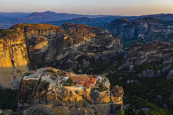 Aerial by drone of the Holy Monastery of Holy Trinity at sunrise