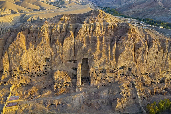 Aerial by drone of the site of the great Buddhas in Bamyan (Bamiyan), taken in 2019
