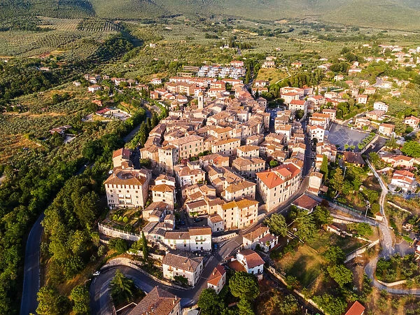 Aerial drone view of the village of Montecchio at sunset, Umbria, Italy, Europe