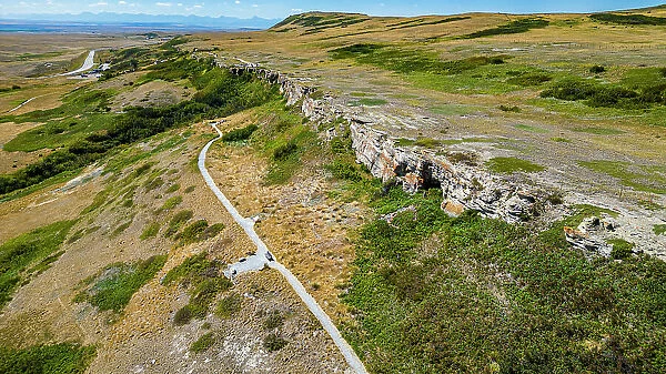 Aerial of the Head Smashed in Buffalo Jump, UNESCO World Heritage Site, Alberta, Canada, North America