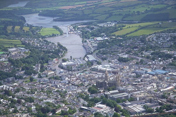 Aerial view of city and cathedral, Truro, Cornwall, England, United Kingdom, Europe