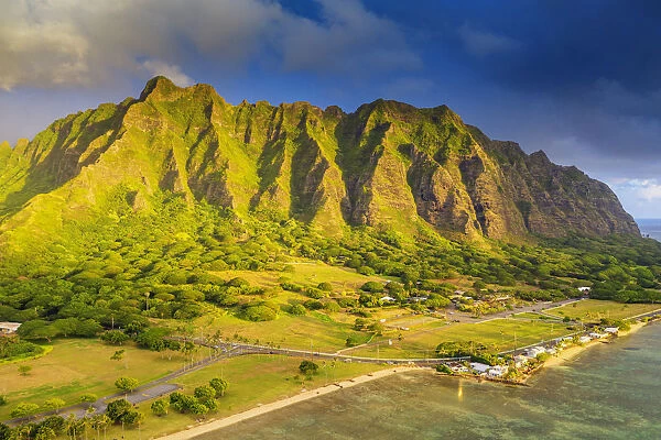Aerial view by drone of Kaneohe Bay sea cliffs, Oahu Island, Hawaii