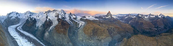 Aerial view of Gorner Glacier (Gornergletscher) and Matterhorn at dawn, Zermatt