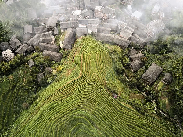 Aerial view on Longsheng rice terraces, also knows as dragon