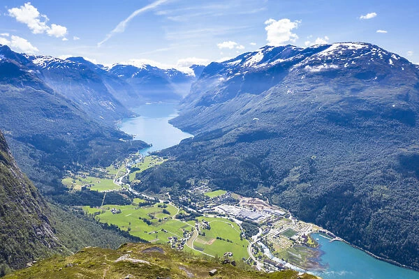 Aerial view of Lovatnet lake, Loen village and Nordfjord, Stryn, Sogn og Fjordane county