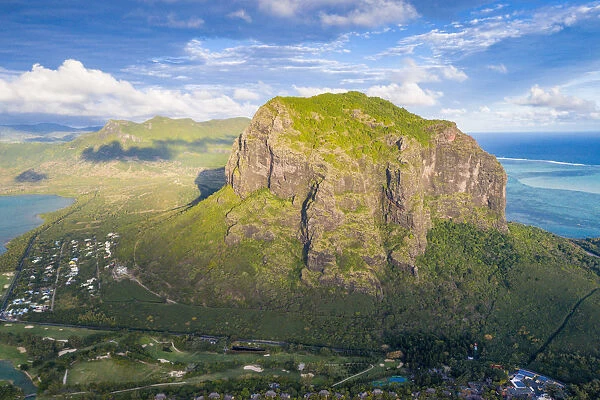 Aerial view of the majestic mountain overlooking the ocean, Le Morne Brabant peninsula