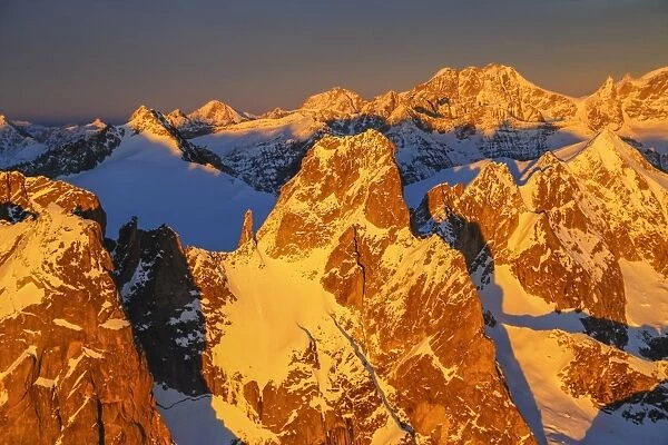 Aerial view of peaks Torrone and Bernina Group at sunset, Masino Valley, Valtellina