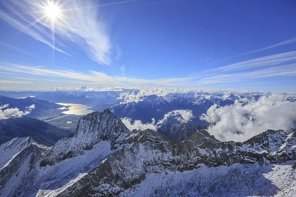 Aerial view of Sasso Manduino and Lake Como in the background, Val Dei Ratti, Chiavenna Valley