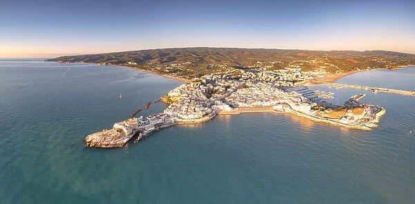 Aerial view of Vieste at sunrise in summer, Foggia province, Gargano National Park