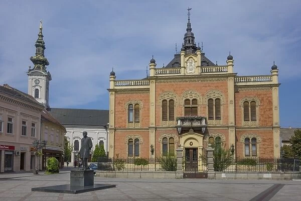 Bishops Palace, Zmaj statue and Orthodox Cathedral, Novi Sad, Vojvodina, Serbia, Europe
